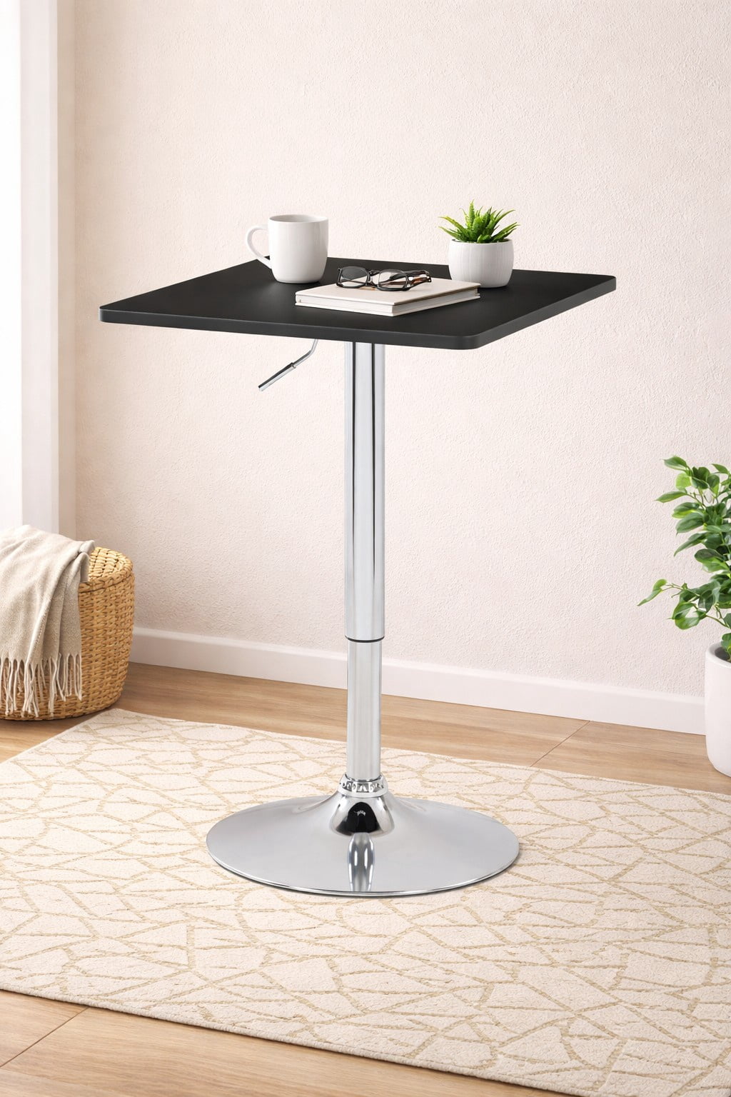 CorLiving Maya Square Engineered Wood Top Adjustable Height Swivel Bar Table with Metal Pedestal Base, Chrome/Black