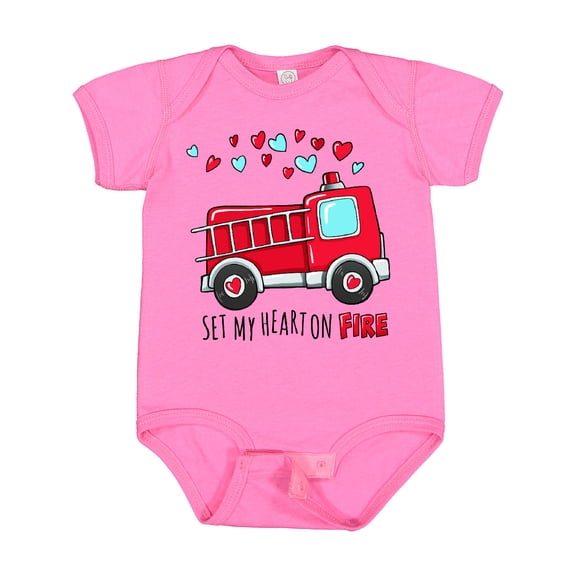Inktastic Set My Heart on Fire Valentine Fire Truck with Hearts Boys or Girls Baby Bodysuit