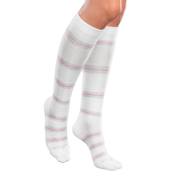 Core-Spun by Therafirm 20-30mmHg Moderate Support Compression Socks - White/Grey/Pink Thin Line, Large