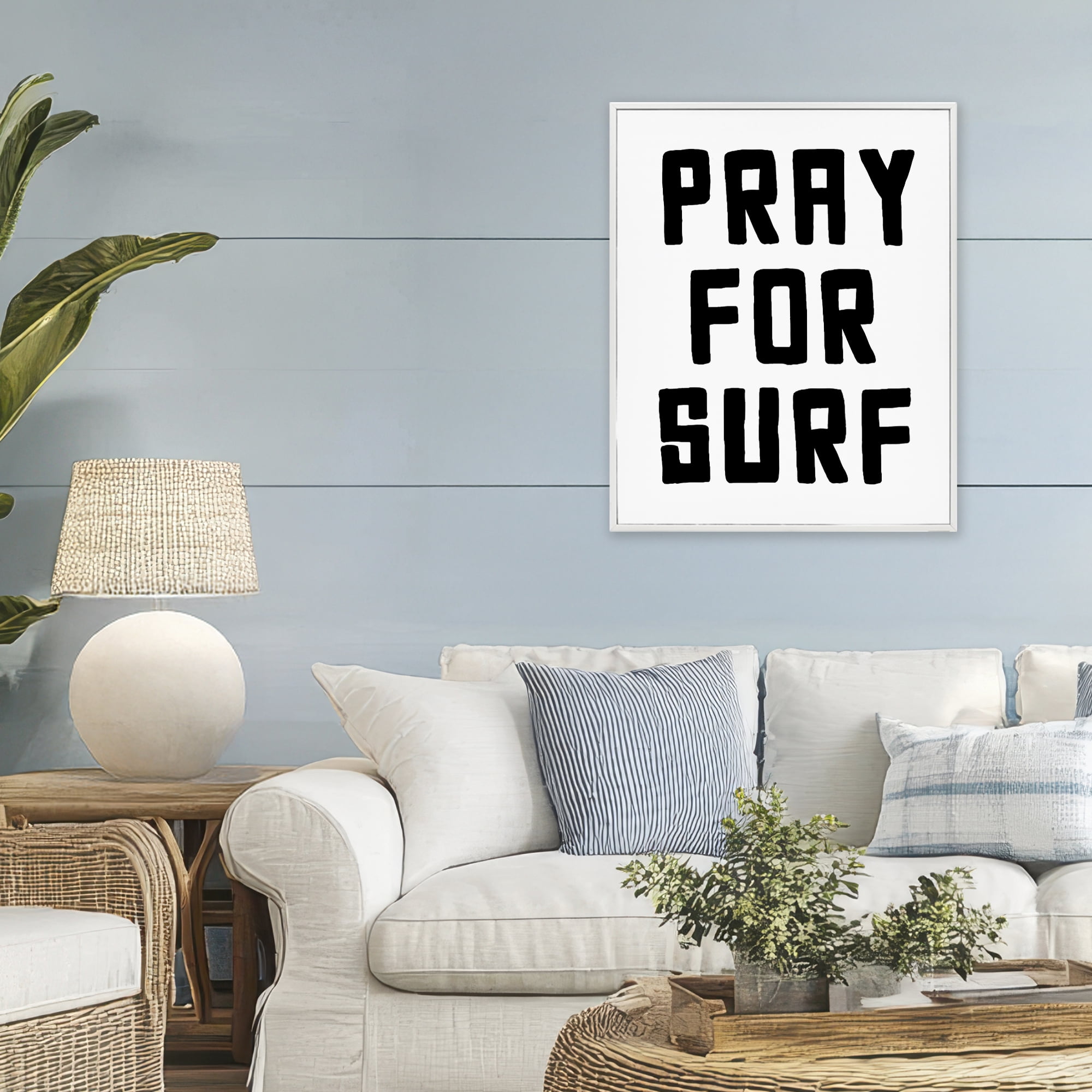 Pray For Surf Simple Sentiment White Framed Giclee Art, design by Lettered and Lined