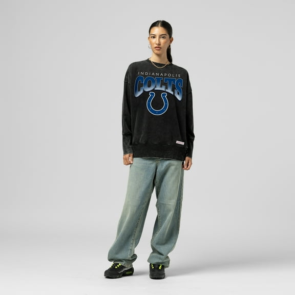 Women's Mitchell & Ness  Black Indianapolis Colts Delineate Mineral Wash Crewneck Sweatshirt