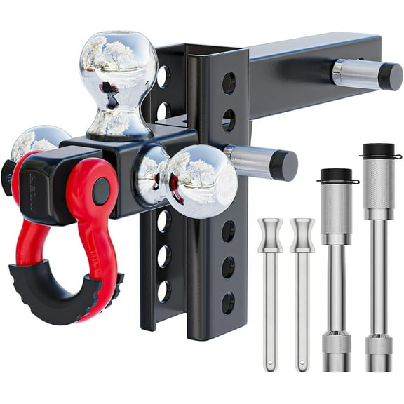 MRY Trailer Hitch Tri-Ball Mount with Anti-Theft Locking Pin, Hook & Rotatable Shackle - Fits 2" Receiver, Adjustable, Multi-Ball Tow Hitch