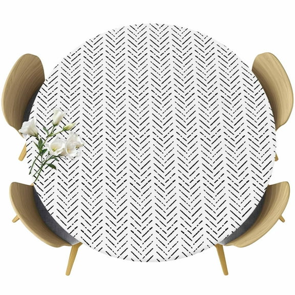 Black Striped Fitted Tablecloth with Elastic Edged, Round Table Cloth for Dining Table, Modern Abstract Art Geometric Waterproof Oil Proof Table Cover for Indoor Outdoor 36"-44"