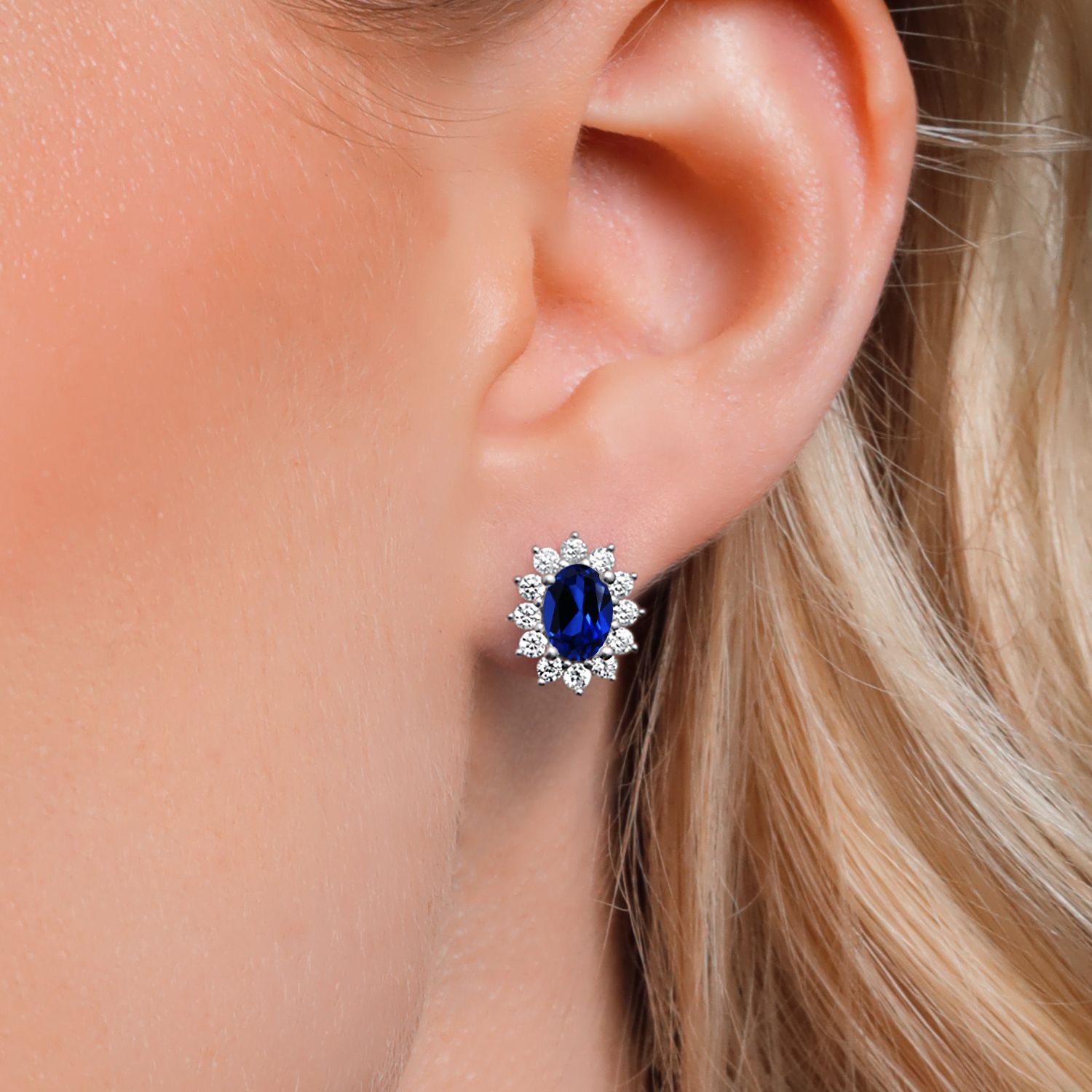 Gem Stone King 925 Sterling Silver Blue Created Sapphire Stud Halo Princess Diana Kate Middleton Post Earrings for Women (3.00 Cttw, Oval 7X5MM)