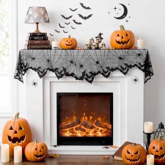 Black Lace Cobweb Halloween Fireplace Mantel Scarf Cover Decor, 18x96 in | Spooky Halloween Decorations Indoor, Machine Washable, Bat-shaped Edges, Reusable Halloween Fireplace Mantle Decor