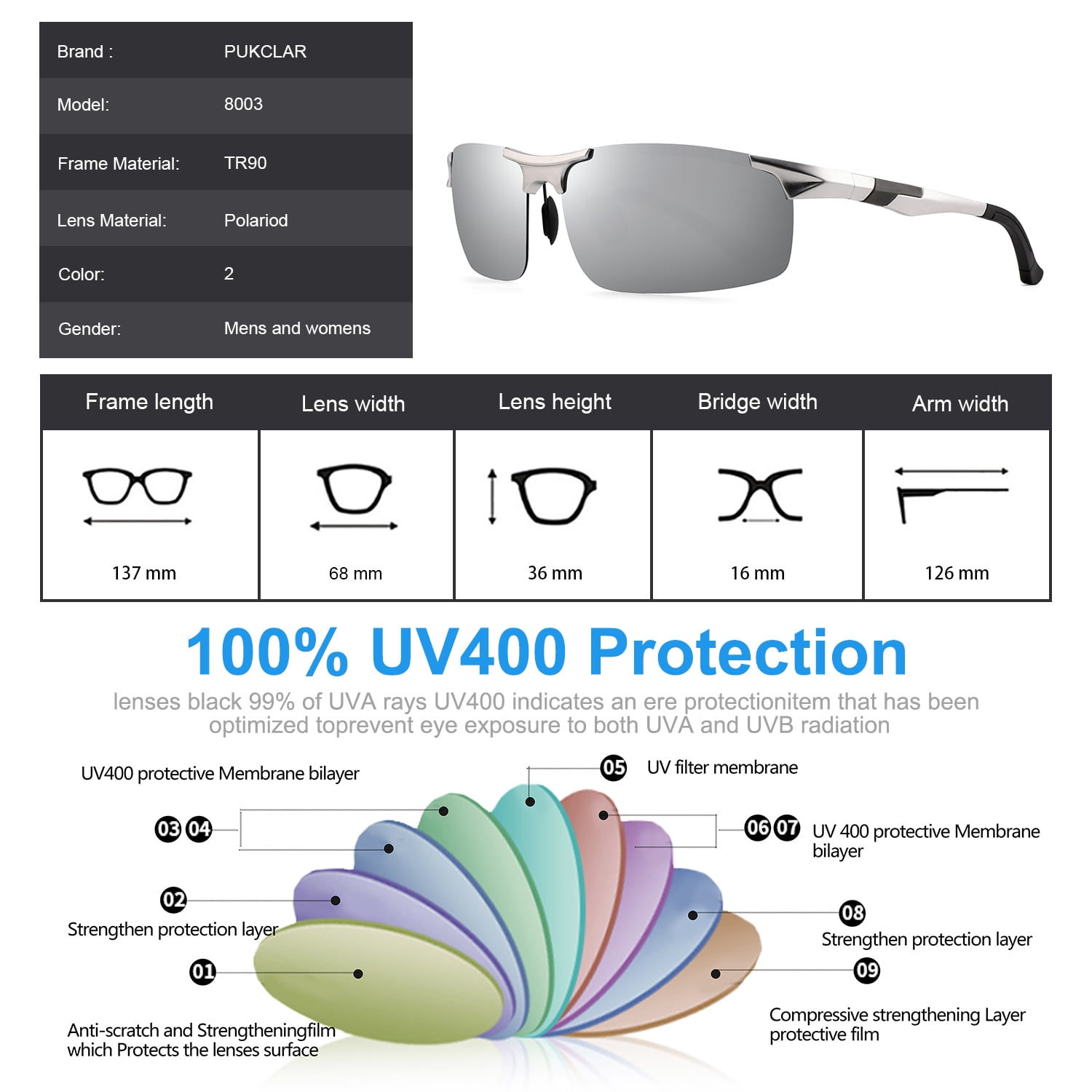 PUKCLAR Mens Driving Sunglasses Polarized Sports Sunglasses Al-Mg Metal Frame Cycling Fishing Golf Goggles