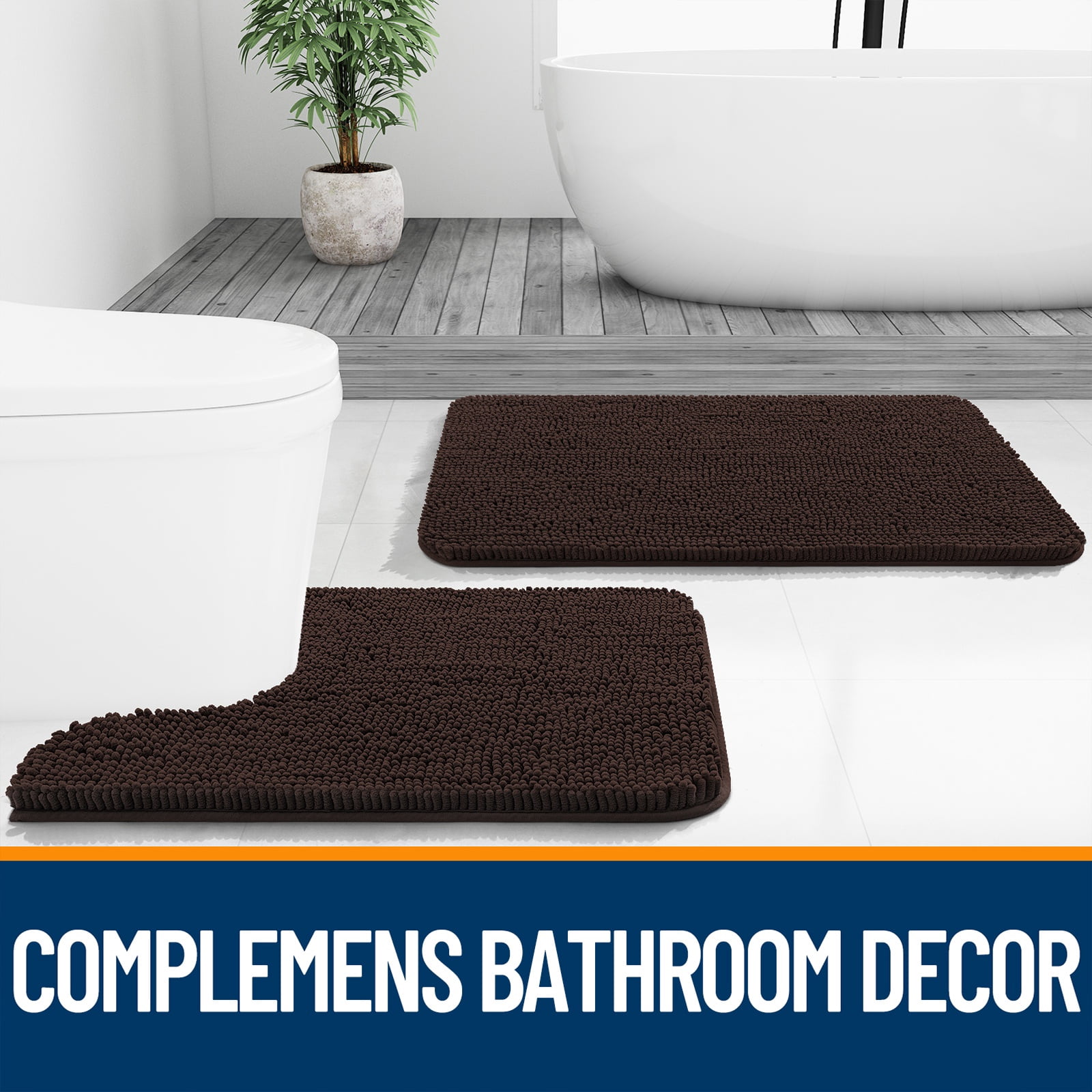 Buganda Toilet Rugs U-Shaped 24x20, Quick Dry Machine Washable Chenille Bath Mats with Rubber Backing, Brown
