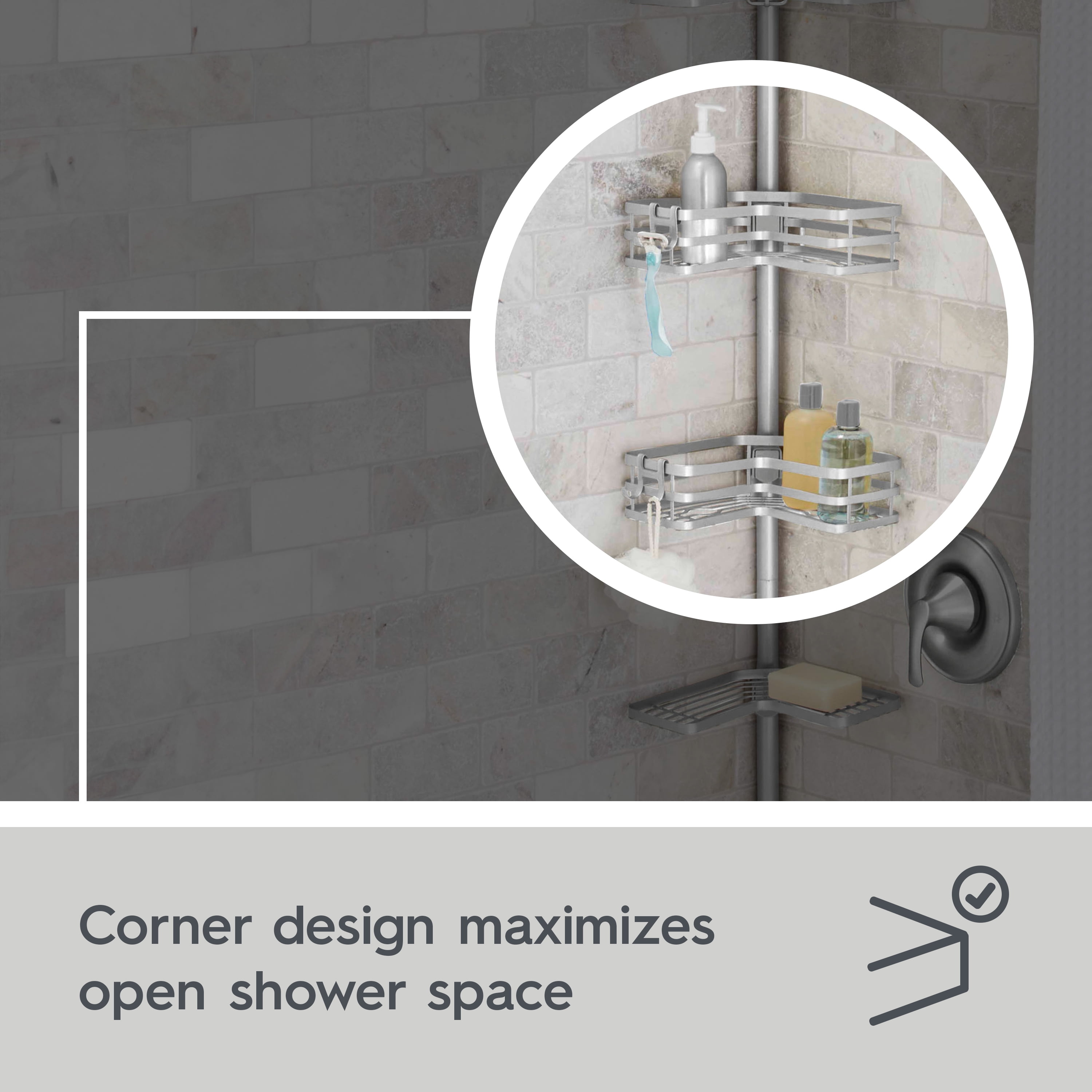 Better Homes & Gardens Adjustable Rust-Resistant Satin Nickel Tension Pole Shower Caddy, 3 Tier, 5-9 ft
