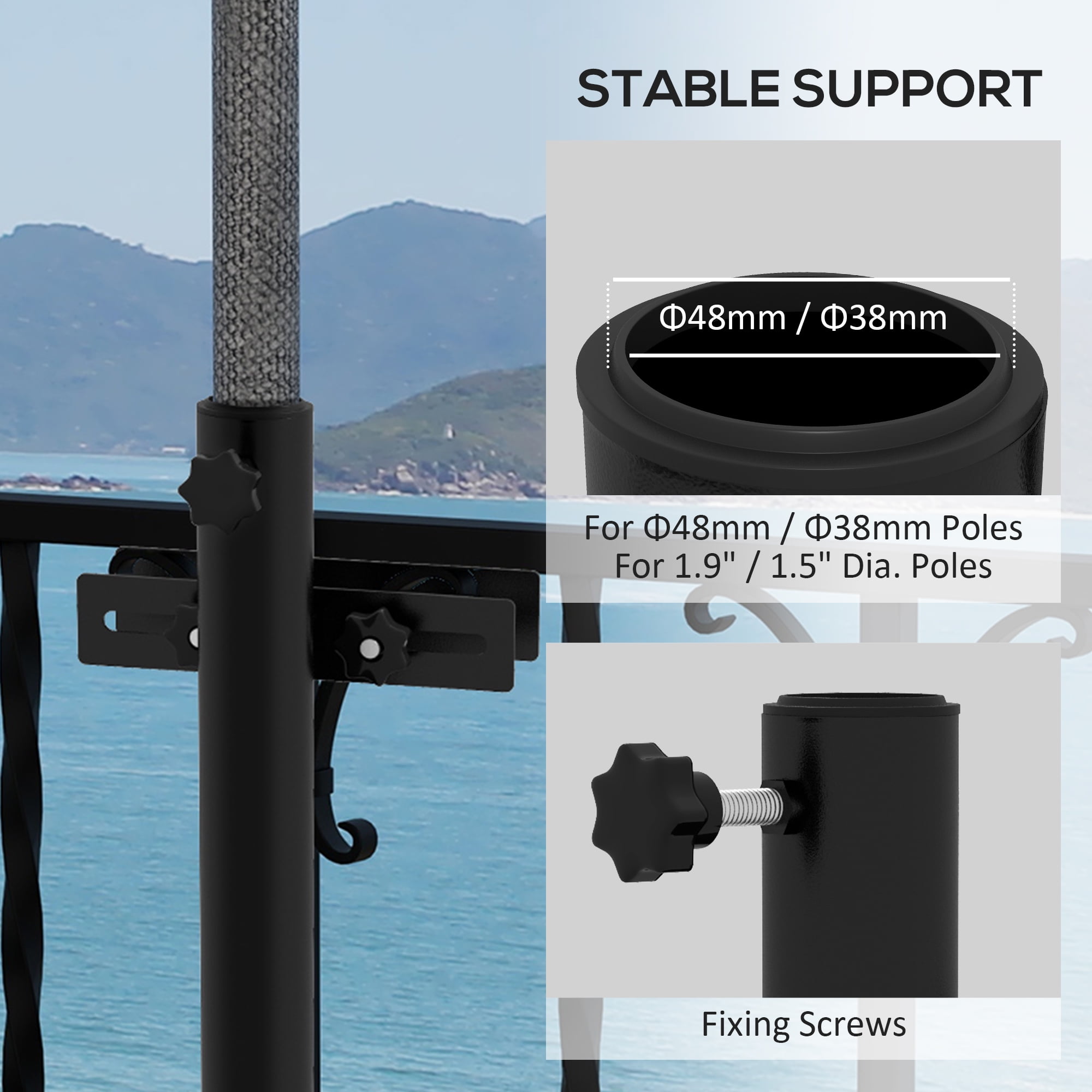 Outsunny Adjustable Patio Umbrella Holder for Market Umbrella or Offset Umbrella, Umbrella Deck Mount Bracket for Railing, Balcony, Fences, Black