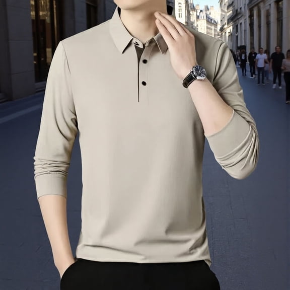 Men Polo Shirt Long Sleeve Button Tee Shirt Slim Fit Beige Men Shirts