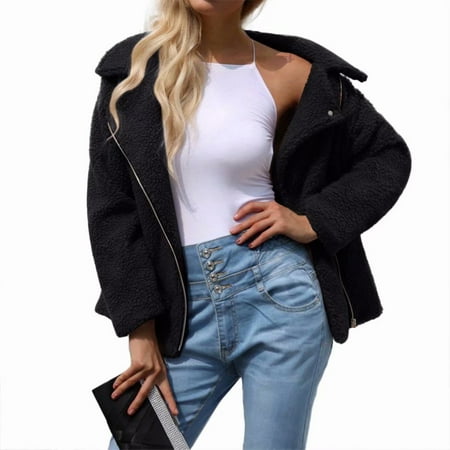 Shearling Leather Coat - Women's Long Sleeve Faux Leather Shearling Fur Hooded Coat Jacket-Black