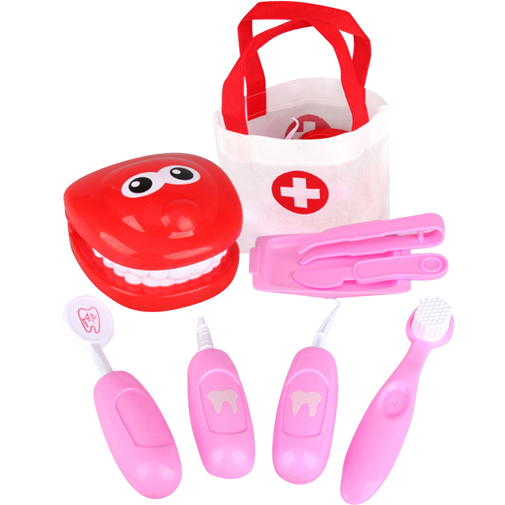 Doctor Playsets Toy 9Pcs Dentist Check Tooth Model Set Early Educational Pretend Role Playing Toy for Classroom School Pink
