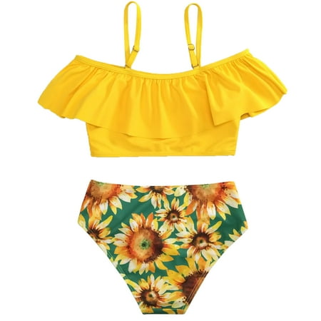 

Girls 2-Piece Swimsuit Ruffles Outfits Hollow Bikini Set Sunflower Print Ruffle Hem Bikini Bathing Suit Size 7-14 Years
