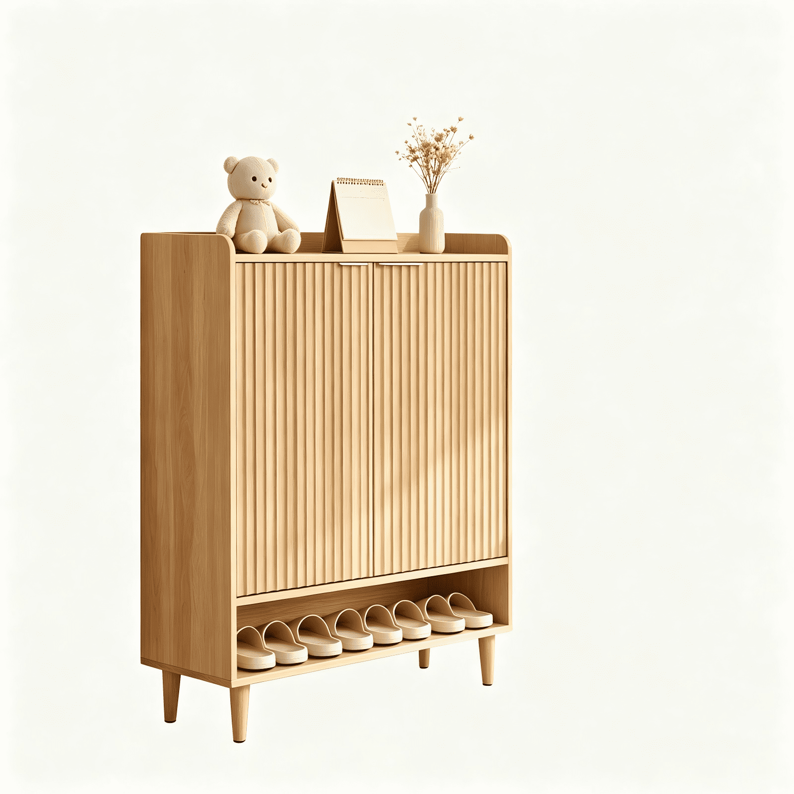 2 Cabinet Doors with Top Enclosure and 1 Row of Shelves for Shoe Cabinets Melamine Board + MDF Conical Leg Grille Shoe Cabinet 31.61*14.17*41.97in Oak