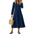 thumbnail image 2 of Womens Fall Dresses Plus Size V-Neck Solid Color Casual Pocket Long Dress(Dark Blue S), 2 of 8