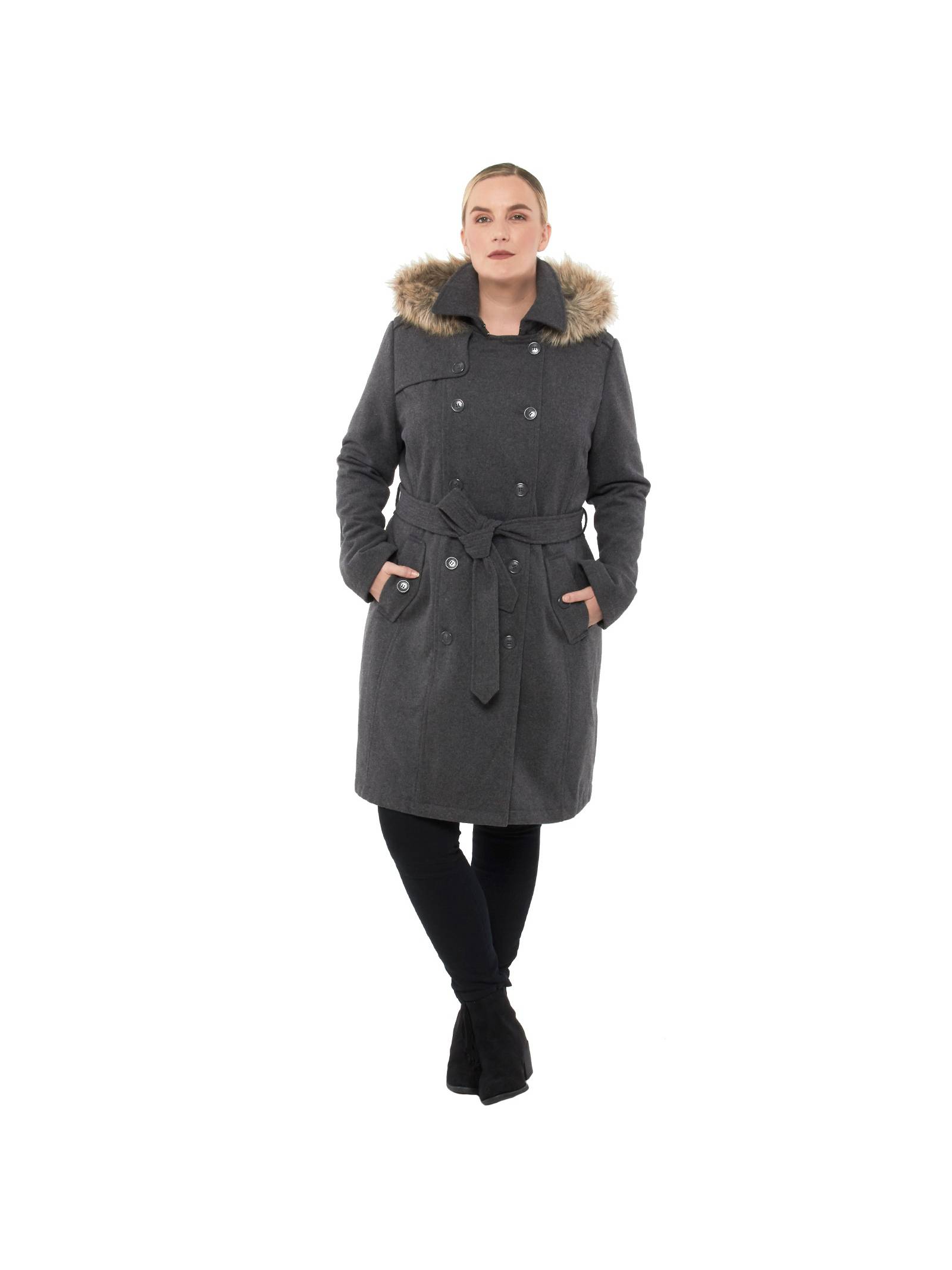 Alpine Swiss Womens Parka Trench Pea Coat Belt Jacket Faux Fur Hood Reg & Plus Sizes - image 3 of 7