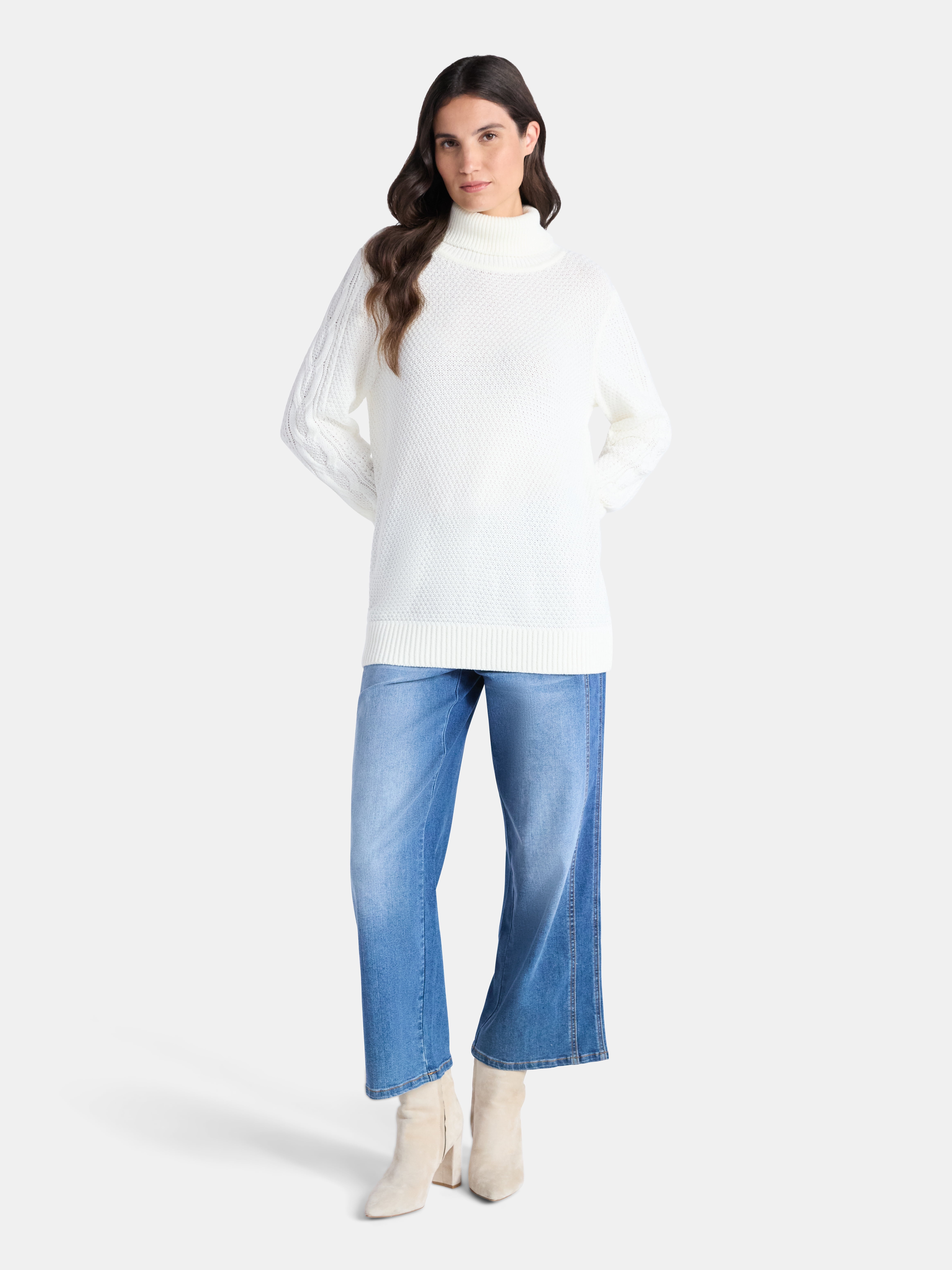 Time and Tru Women’s and Women’s Plus Turtleneck Sweater with Cable Sleeves, Midweight, Sizes XS-4X