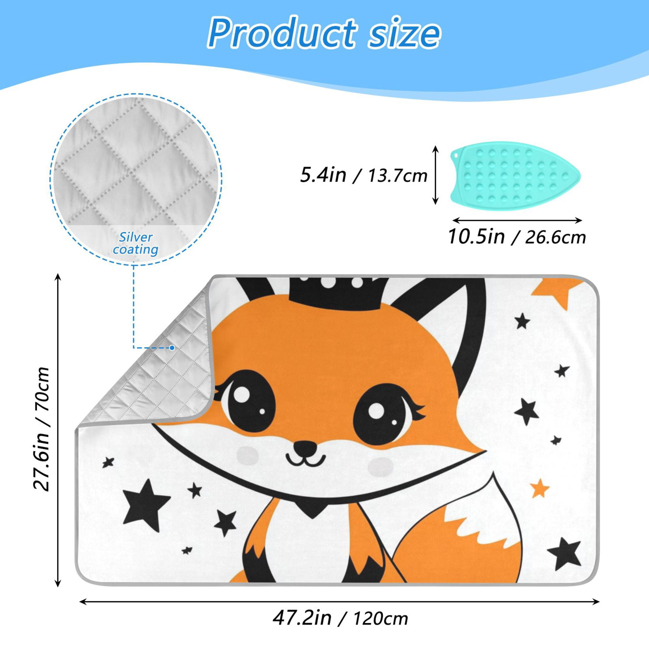 Cute Fox with Crown Stars Ironing Mat Blanket Portable Travel Ironing Pad Heat Resistant Pad 47.2" x 27.6”