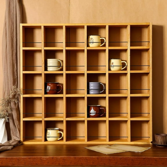 Wooden Wall Mounted Coffee Mug Display Rack with Shelves, Rustic Shadow Box Holder, Light Brown