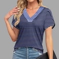 thumbnail image 2 of Women's Loose Casual Striped Color Block V-neck Short Sleeve Top, Comfortable and Stylish Everyday Tee, Trendy Color Block Design for Spring and Summer, Versatile Casual Blouse for Relaxed Fit, 2 of 6