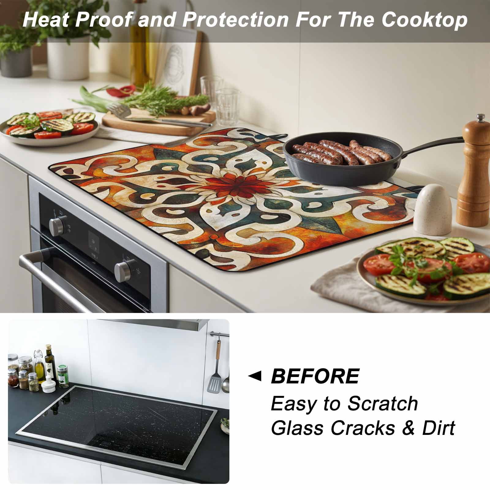 Burnt Orange Green Stove Top Cover for Electric Stove, Heat-proof & Non Slip Glass Top Stove Cover Protector, Vintage Abstract Flowers Kitchen Flat Cooktop Rubber Mat 24x21 Inches