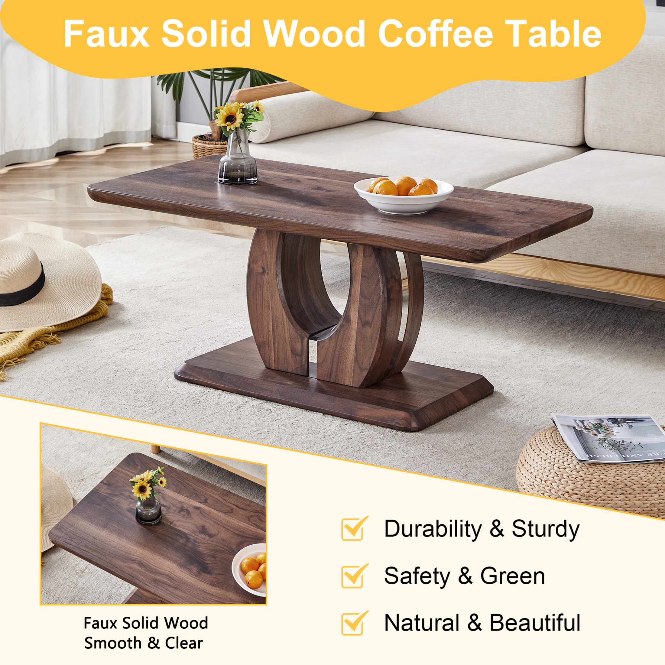 Noble House Minimalist Rectangular Coffee Table, Texture MDF with Silver Trim, Modern Design for Livign Room, Walnut