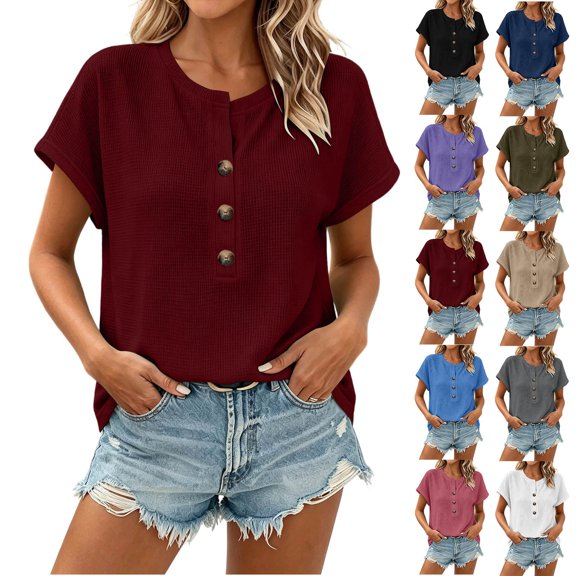 GERsome T-Shirts for Women Short Sleeve Waffle Knit Button Down Crew Neck Casual Business Work Shirts
