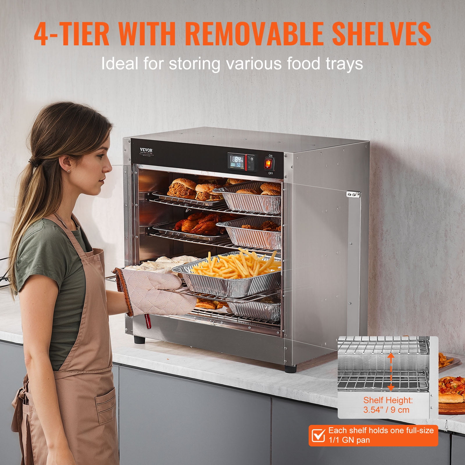 VEVOR Hot Box Food Warmer, 4-Tier Concession Warmer with Water Tray,4 Pans, Glass Double-door and Adjustable Shelves,Stainless Steel Food Warmer Cabinet, Ideal for Storing Pizza,Chicken,Restaurant