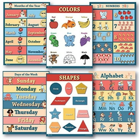 6 Educational poster pack Charts for classrooms early education for learning Alphabet Abc, days of the week poster, shapes (Best Way To Hang Posters In Classroom)
