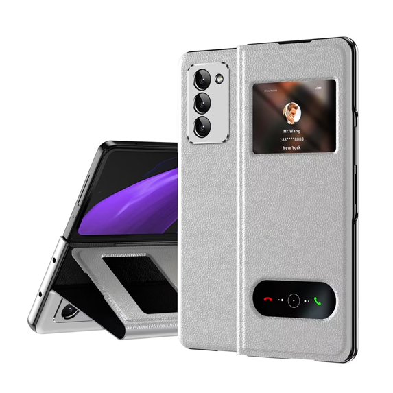MonsDirect for 7.6 inch Samsung Galaxy Z Fold 2 5G 2020 Case, Nappa Leather with Flip Folding Magnetic Face Cover, Window Design with Hidden Kickstand Full Protective for Galaxy Z Fold 2, White