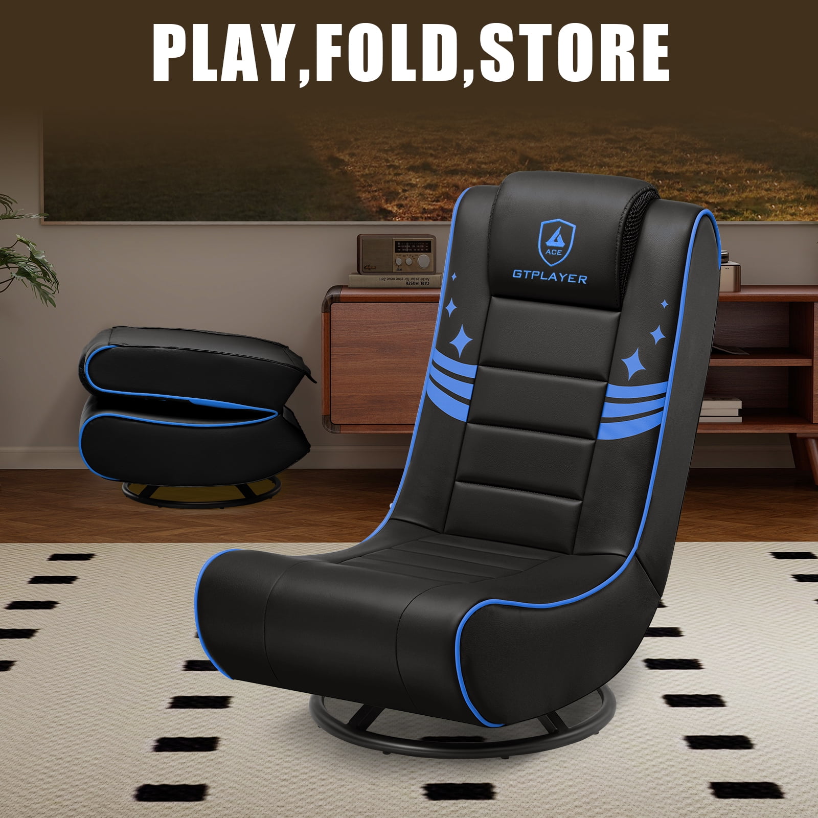 GTPLAYER Swivel Floor Gaming Chairs with Foldable Backrest for Teens, Black&blue