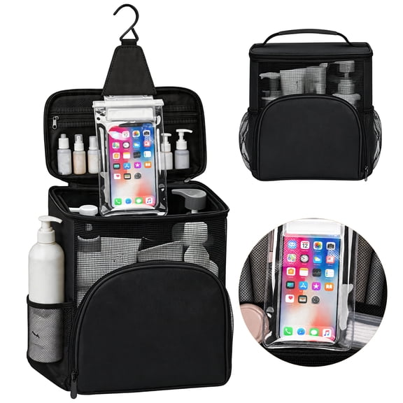 cyrico Mesh Shower Caddy, Portable Collapsible Hanging Toiletry Bag with Handle and Touchscreen-Friendly Phone Pocket, Quick Dry Large Capacity Shower Tote for College Dorm, Travel, Gym, Camping
