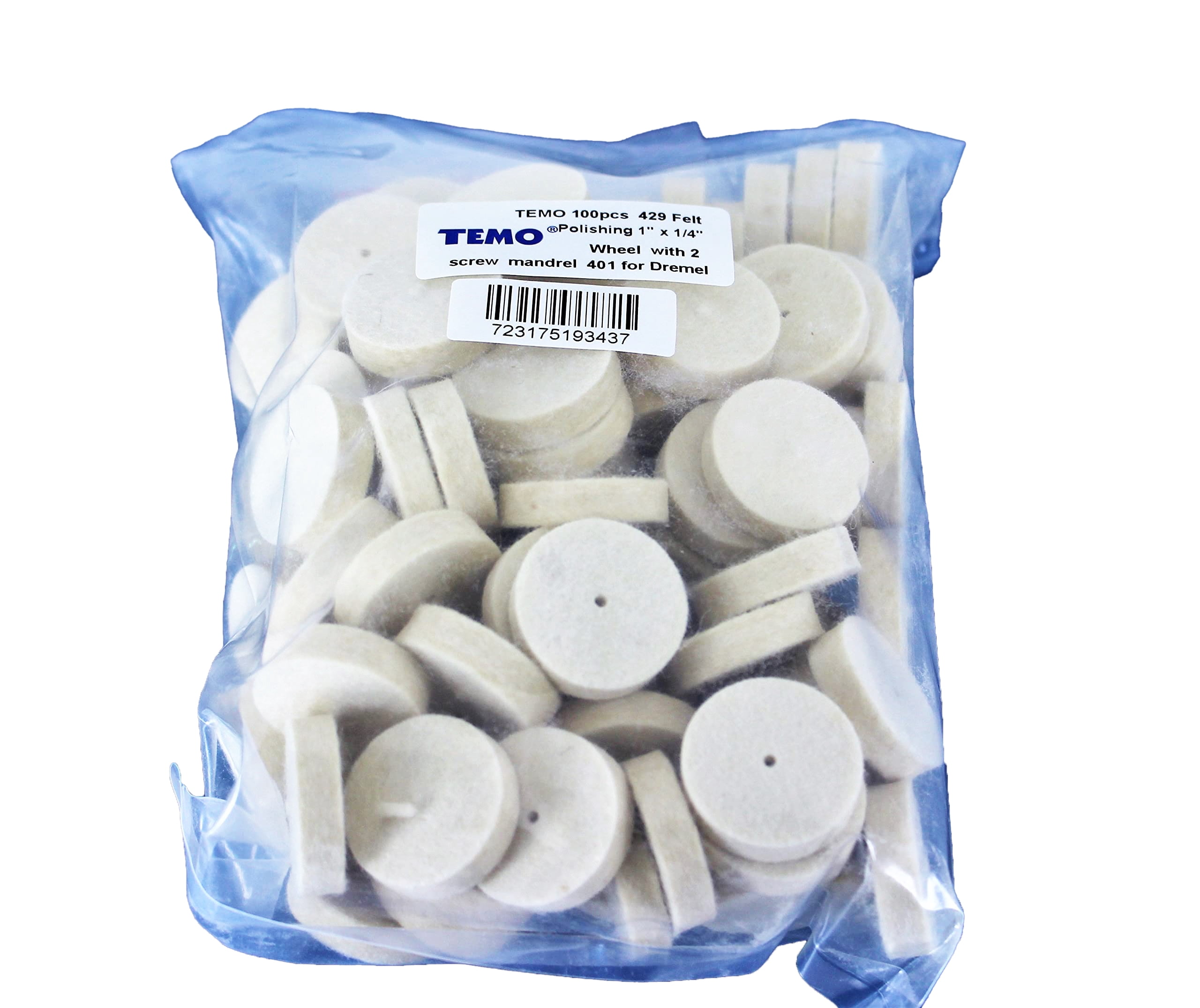 TMAX 100 pc Felt Polishing Wool Bob Burr 1 Inch Diameter 1/4 Inch High Wheel #429 with 2 Screw Mandrel 401 1/8 Inch Shank for Dremel Rotary Tools