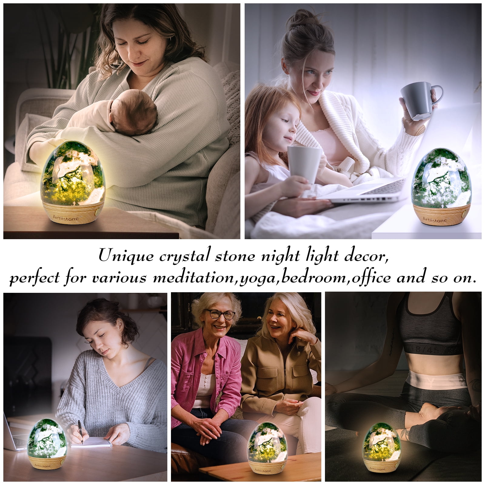 Artistone Moss Agate Crystal Night Light Carved Gemstone USB Rechargeable Touch Sensor LED Lamp