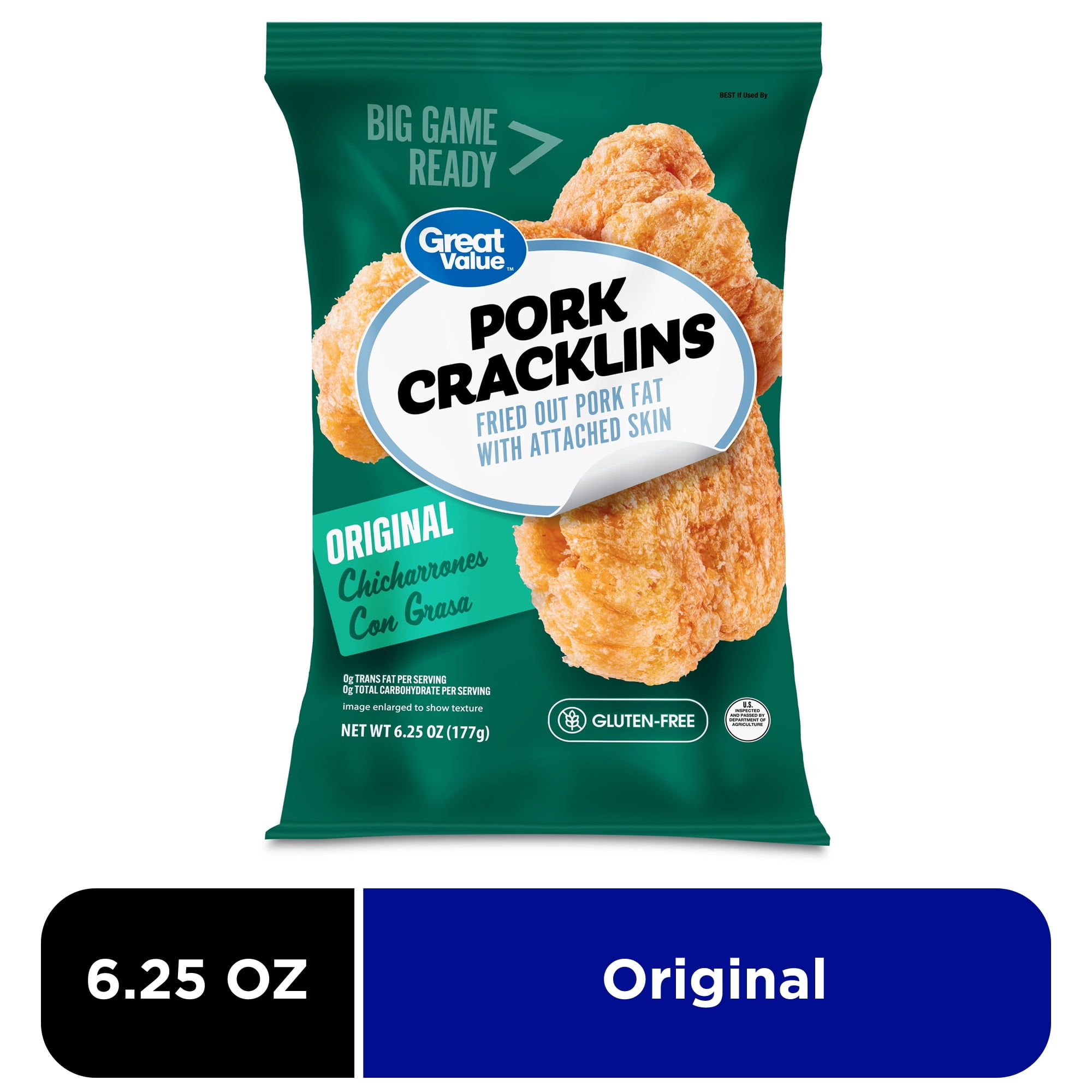 (2 pack) Great Value Original Chicharrones Con Grasa Fried Pork Cracklins, 6.25 oz