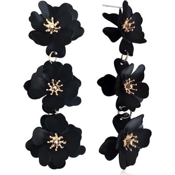 shiyou-Elegant Bohemian Matte Tiered Triple Flower Dangle Drop Earrings Chic Charm Cute Long Floral Stud Earrings for Women Girls Statement Jewelry Gifts