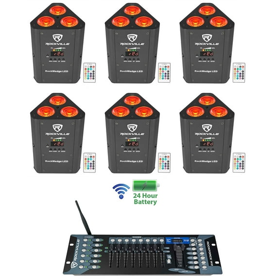 (6) Rockville RockWedge LED Battery Powered Par Lights Wireless DMX Controller