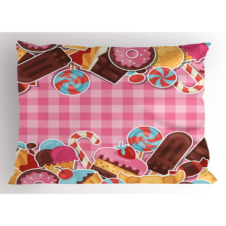 Ice Cream Pillow Sham Candy Cookie Sugar Lollipop Cake Ice Cream Girls Design, Decorative Standard Size Printed Pillowcase, 26 X 20 Inches, Baby Pink Chestnut Brown Caramel, by