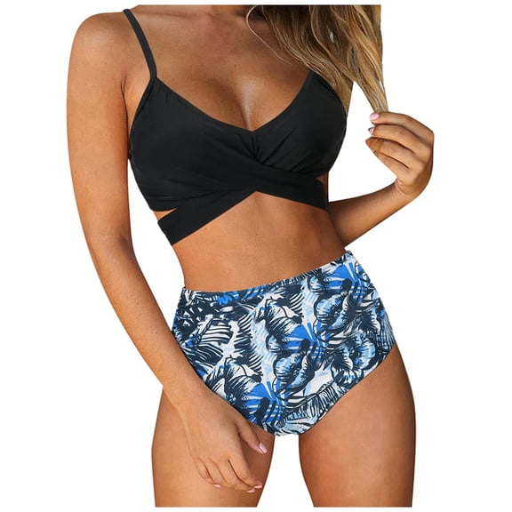 KTMKH Women Bathing Suit Criss Cross High Waisted String Floral Printed 2 Piece Bathing Swimsuit