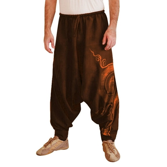 Holloyiver Men's Cotton Linen Hippie Pants Drawstring Printing Casual Long Trousers Running Joggers Sweatpants Baggy Harem Pants For Brown,M