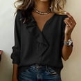 thumbnail image 2 of Khunlpohl 3/4 Sleeves Cotton Linen Tops for Women V Neck Ruffled Solid Color Clothes Casual Business Trendy Dressy Blouses, 2 of 9