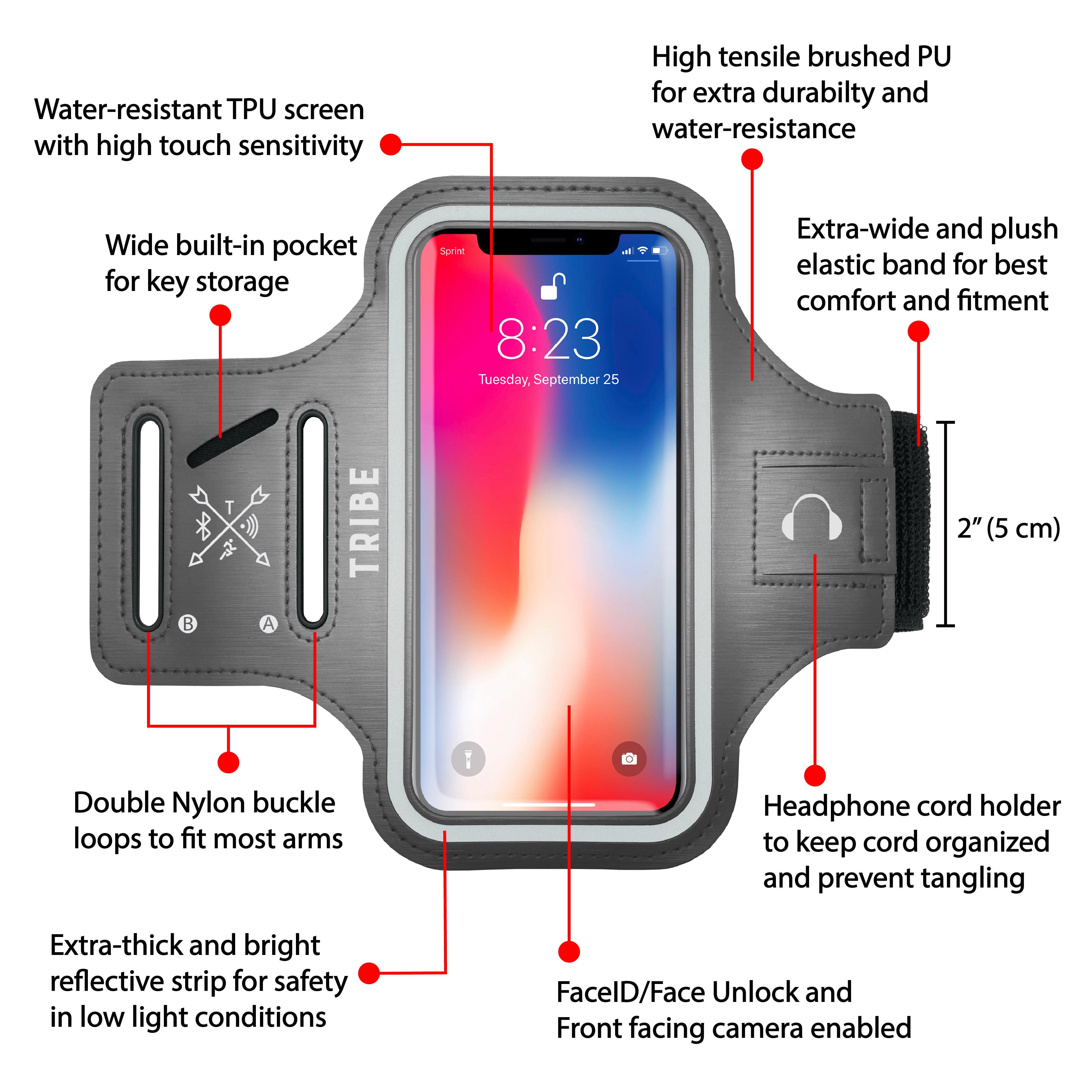 6S Plus XR S8 Plus Note 4/5/8/9 with Adjustable Elastic Band & Key Holder A8 Plus 8 Plus TRIBE Water Resistant Cell Phone Armband Case for iPhone Xs Max 7 Plus 6 Plus Samsung Galaxy S9 Plus 