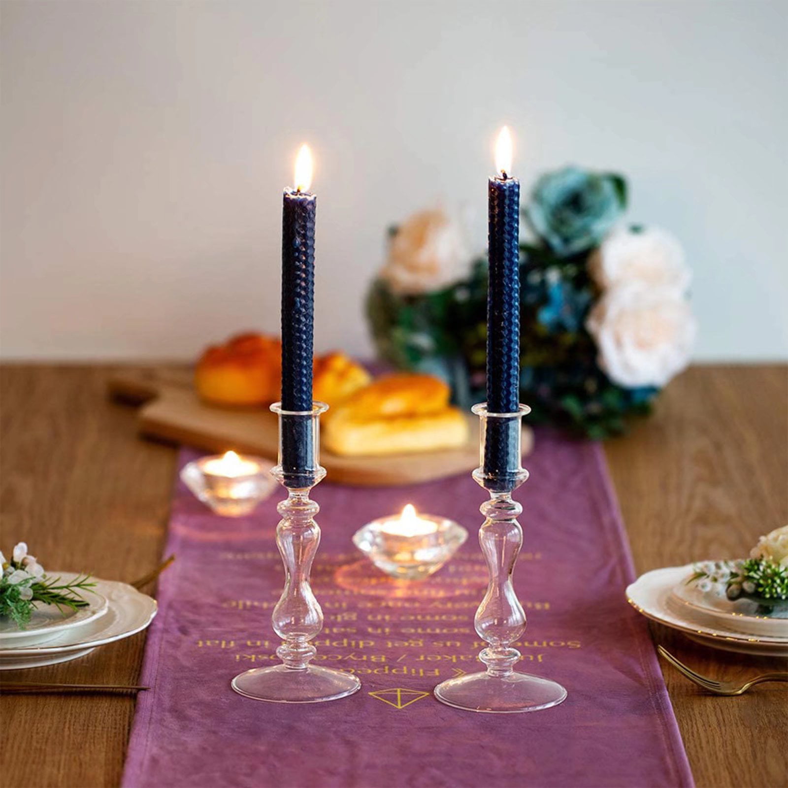 Glass Taper Candle Holders 2Pcs Wide Base Candlestick Holder Table Decorations Fits 2cm Taper Candles Indoor Outdoor for Wedding Party Dinning
