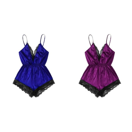 (2-Pack) Kcodviy Sleepwear Bodydoll Bodysuit Women Satin Girl V-Neck 3X Plus Size Push Up Lace Splice