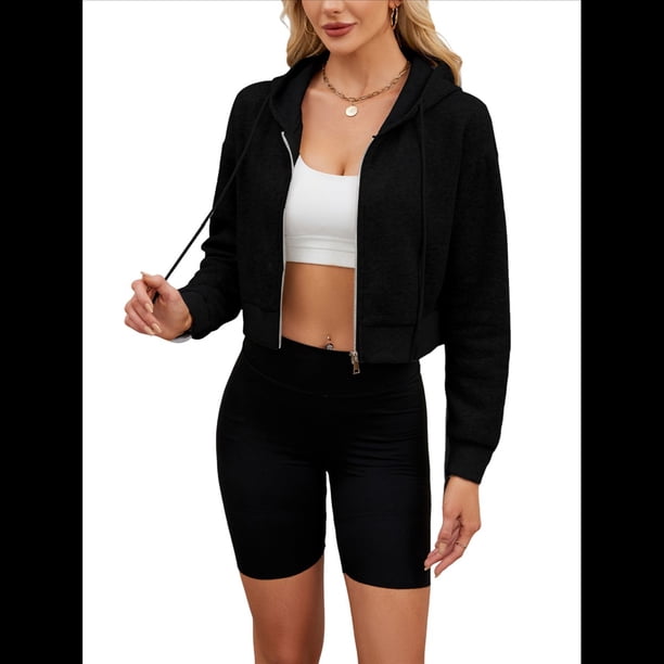 Sudadera con Capucha y Cremallera para Mujer, Cárdigan Corto, Sudadera con Capucha y Cordón, Top Informal de Larga. Negro L