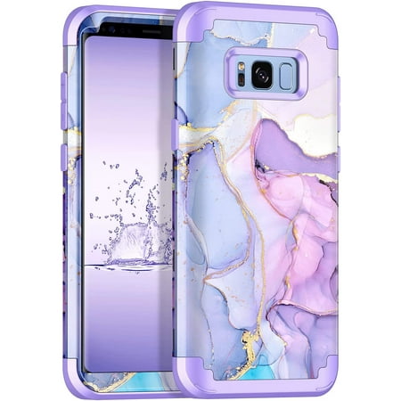 Casetego Phone Case for Galaxy S8,Marble Design Three Layer Heavy Duty Shockproof Hard Plastic Bumper +Soft Silicone Rubber Protective Case for Women Girls - Purple