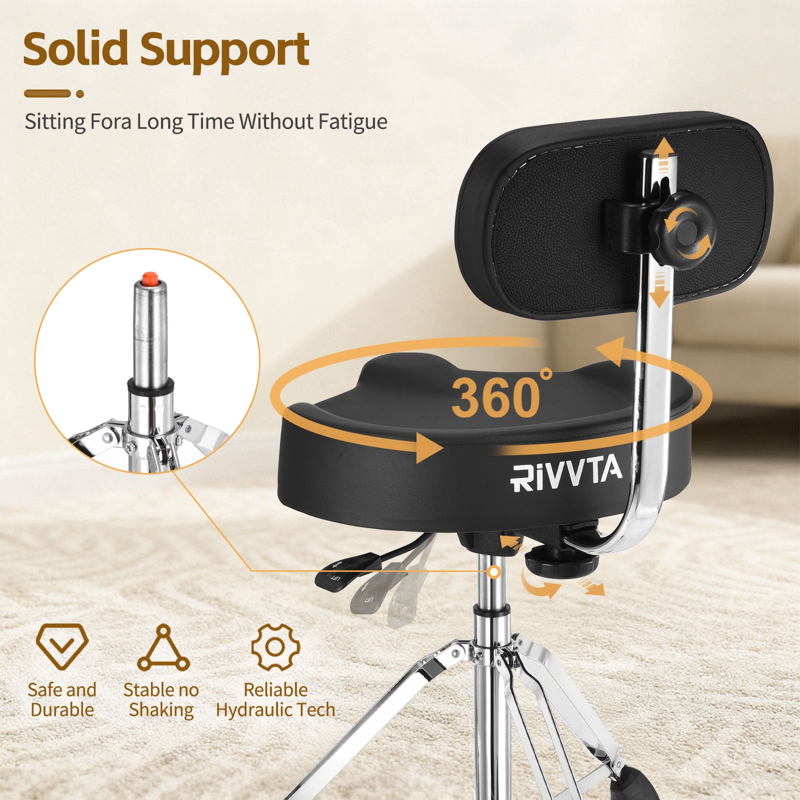 Drum Throne with Backrest Saddle Drum Stool Padded Hydraulic Drum Chair Height Adjustable
