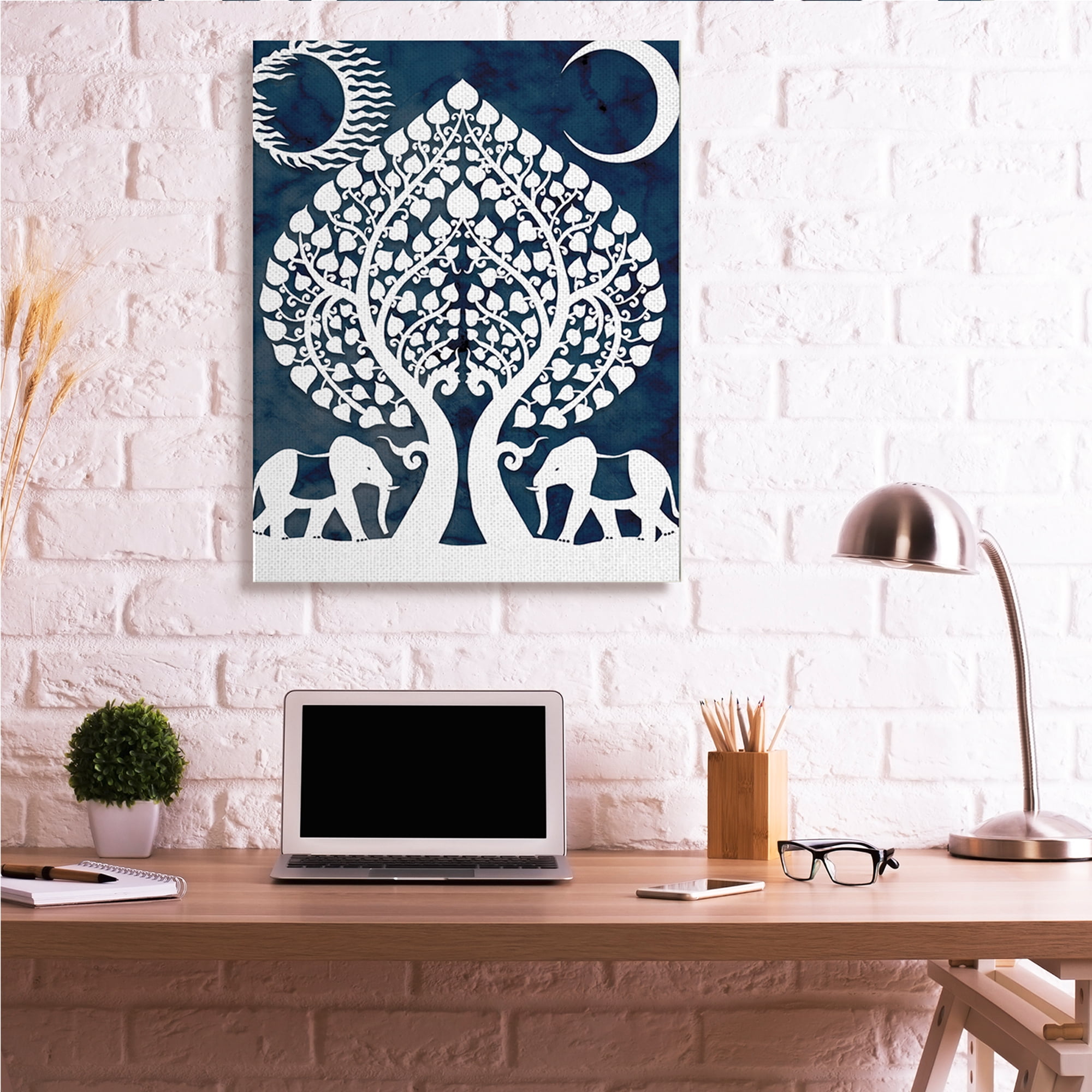 Stupell Industries Symmetrical Elephants Marching Under Trees Sun and Moon,36 x 48,Designed by Daphne Polselli