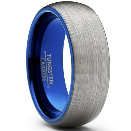 Men's Tungsten Carbide Wedding Band Ring, 8mm Dome Brushed Blue Comfort Fit Band 7 to 15