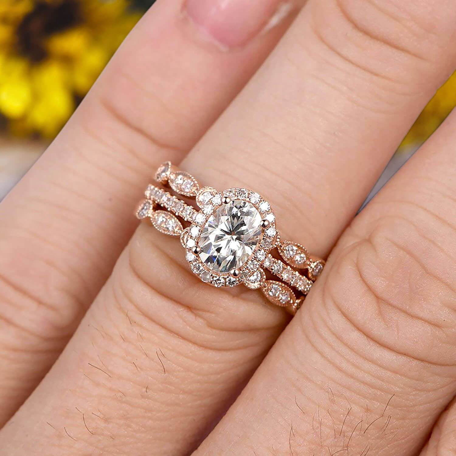 3.00 carat Classic Oval Moissanite Diamond wedding Bands & Bridal Set Engagement Ring Classic Art Deco 10k Rose Gold